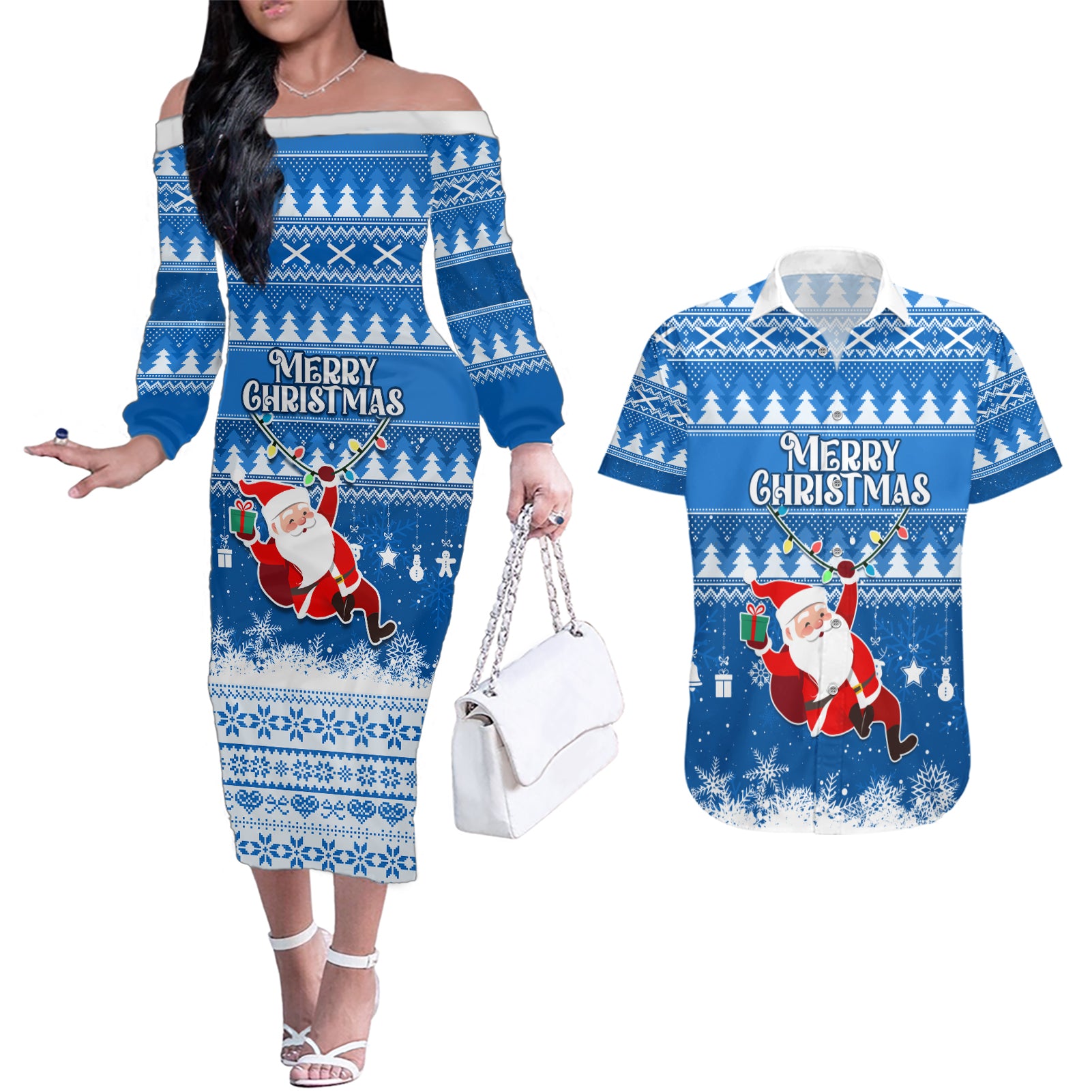 Custom Scotland Christmas Couples Matching Off The Shoulder Long Sleeve Dress and Hawaiian Shirt Merry Christmas Santa Claus Gift - Wonder Print Shop