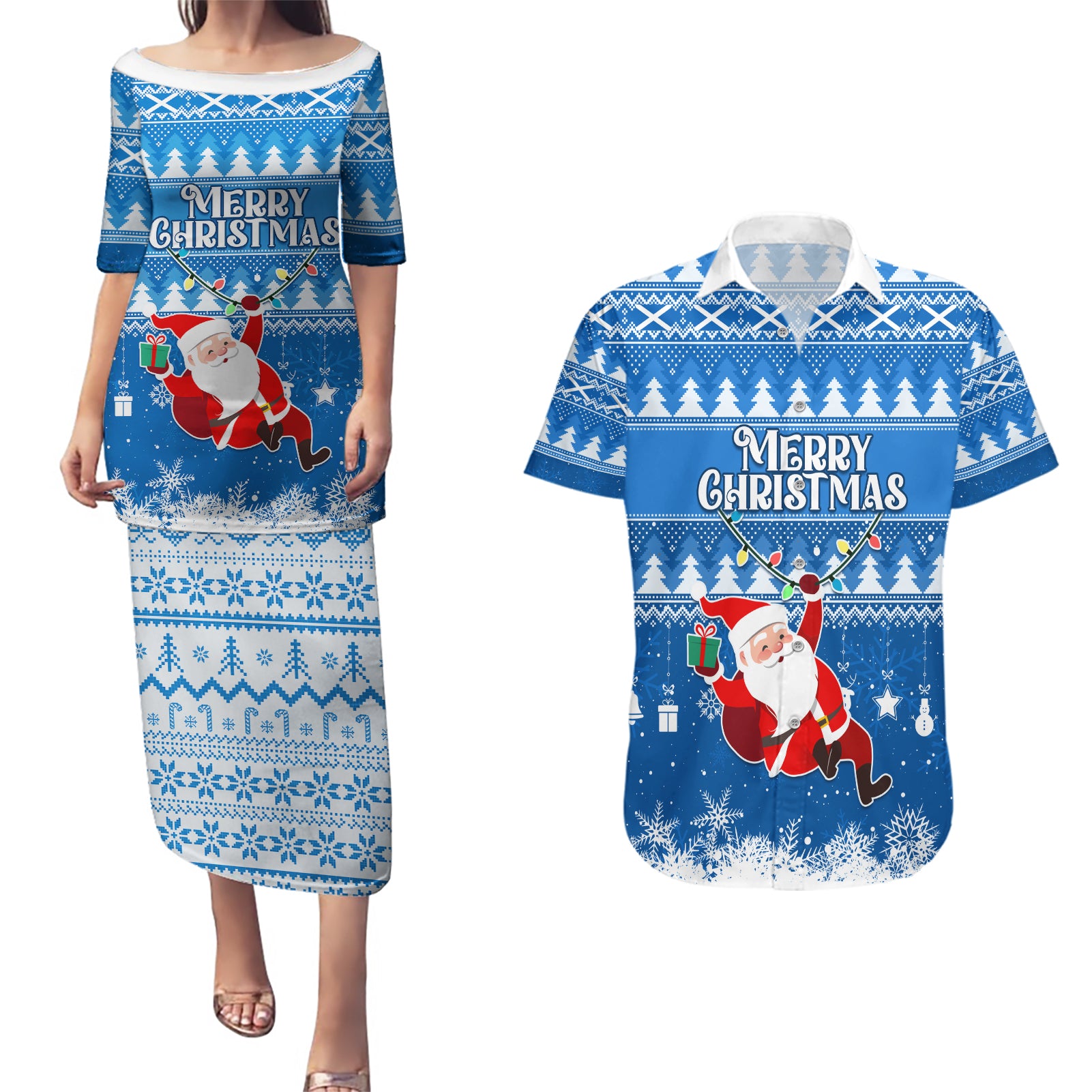 Custom Scotland Christmas Couples Matching Puletasi Dress and Hawaiian Shirt Merry Christmas Santa Claus Gift - Wonder Print Shop