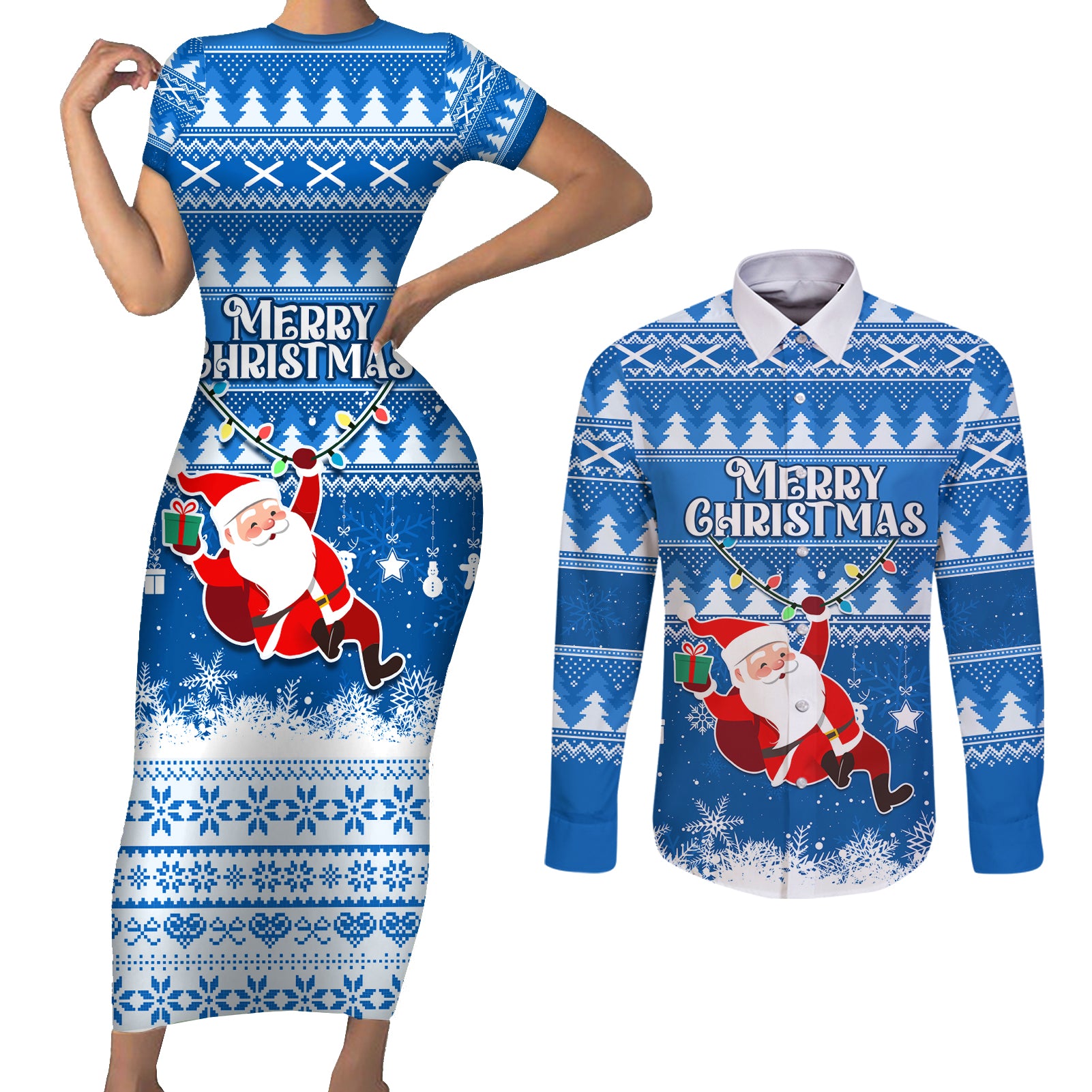 Custom Scotland Christmas Couples Matching Short Sleeve Bodycon Dress and Long Sleeve Button Shirt Merry Christmas Santa Claus Gift - Wonder Print Shop