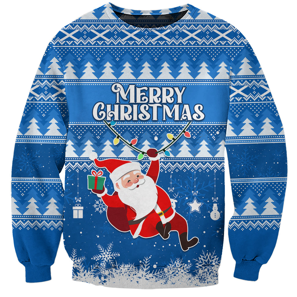 Unisex blue Christmas sweatshirt with Merry Christmas text and Santa graphic, crewneck