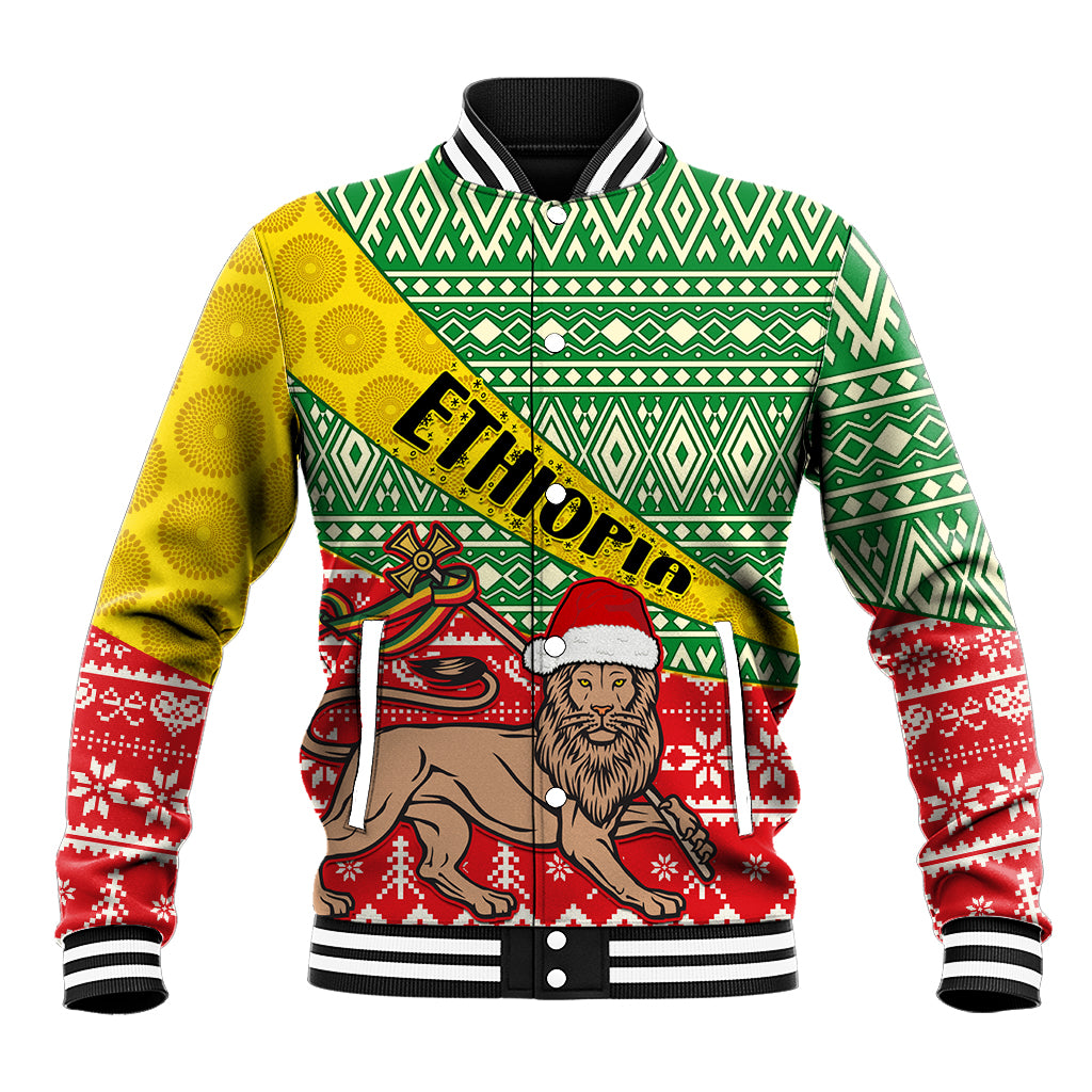 Unisex baseball jacket, yellow green red with holiday African graphic and 'Ethiopia' text