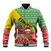 Unisex baseball jacket, yellow green red with holiday African graphic and 'Ethiopia' text