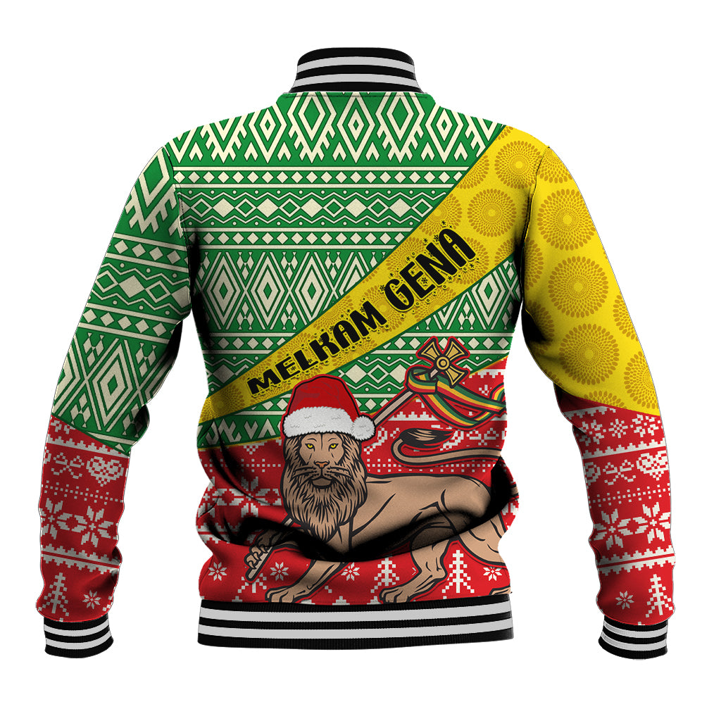 Unisex baseball jacket back, yellow green red with 'Melkam Gena' and ribbed cuffs