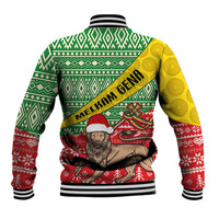 Unisex baseball jacket back, yellow green red with 'Melkam Gena' and ribbed cuffs