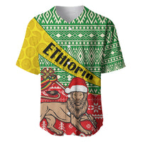 Christmas baseball jersey with green-and-yellow African pattern, festive lion and hat