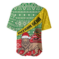 Christmas baseball jersey, green-and-yellow geometric print with lion portrait and banner