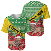 Christmas baseball jersey, split green-yellow pattern with lion in red Santa hat