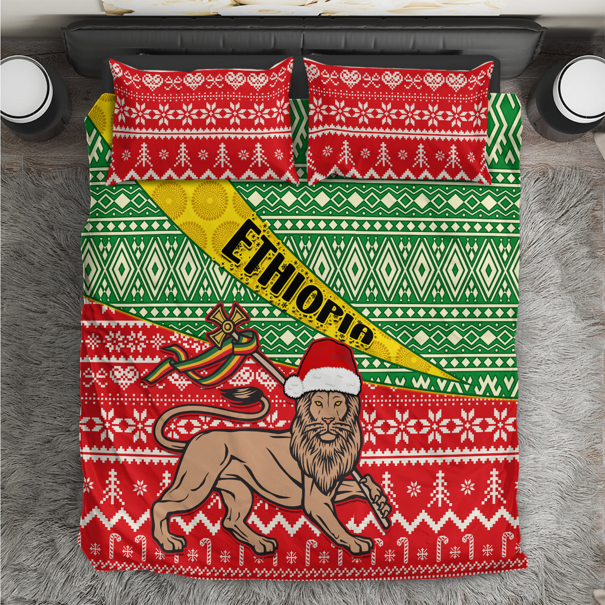 Red green Christmas bedding set with Ethiopia text, holy man and animal graphic, 2 pillows