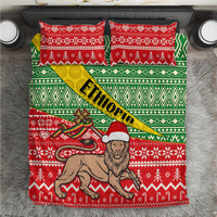 Red green Christmas bedding set with Ethiopia text, holy man and animal graphic, 2 pillows