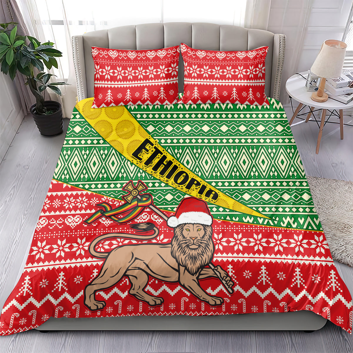 Red green Christmas duvet set with Ethiopia text diagonal stripe, holy man and animal, 2 pillows
