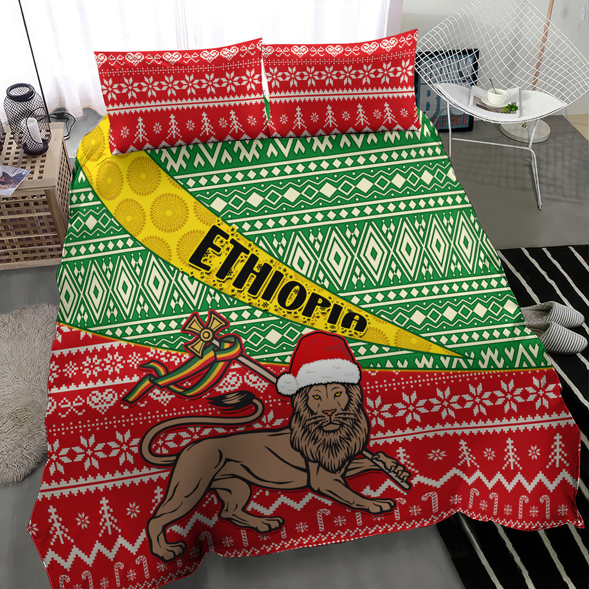 Red green Christmas duvet set with Ethiopia text, holy man and animal graphic, 2 pillows