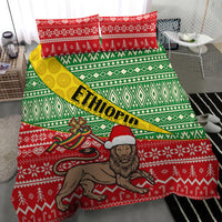 Red green Christmas duvet set with Ethiopia text, holy man and animal graphic, 2 pillows
