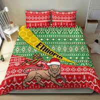 Red green Christmas bedding set with Ethiopia text, holy man and animal graphic, 2 pillowcases