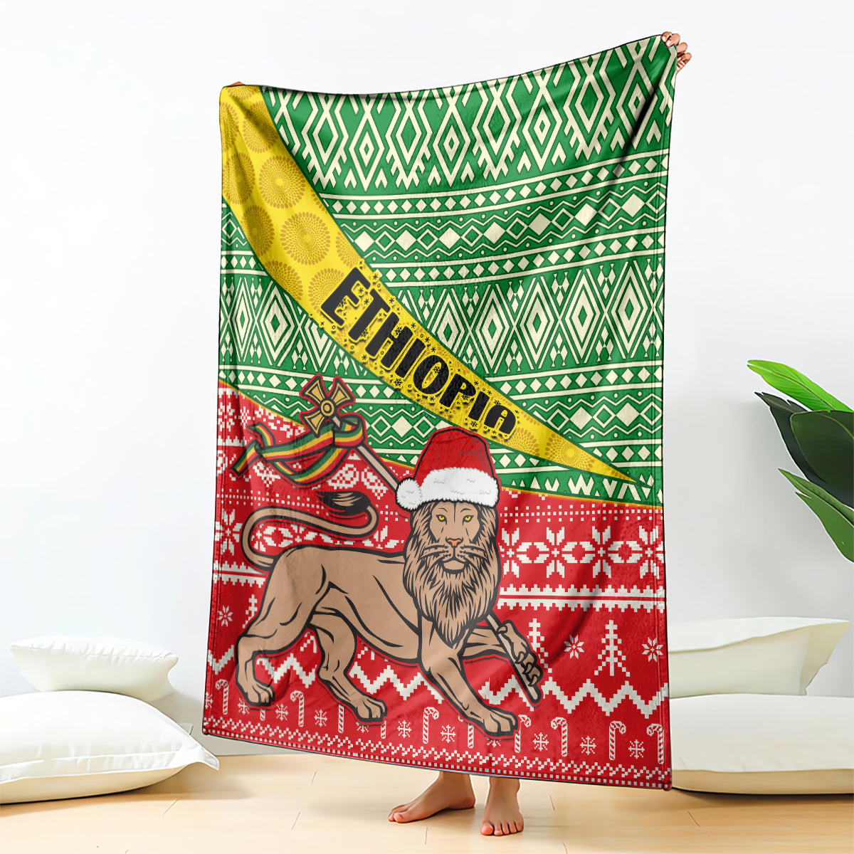 Ethiopian Christmas blanket with green diamond pattern, yellow diagonal band, and red lion scene