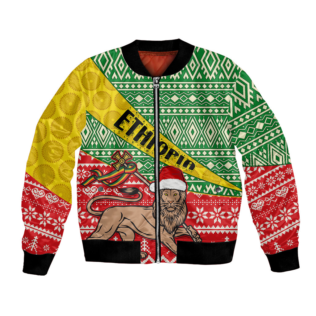 Unisex bomber jacket with green and yellow geometric pattern, red festive panel, black trim