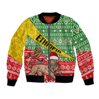 Unisex bomber jacket with green and yellow geometric pattern, red festive panel, black trim