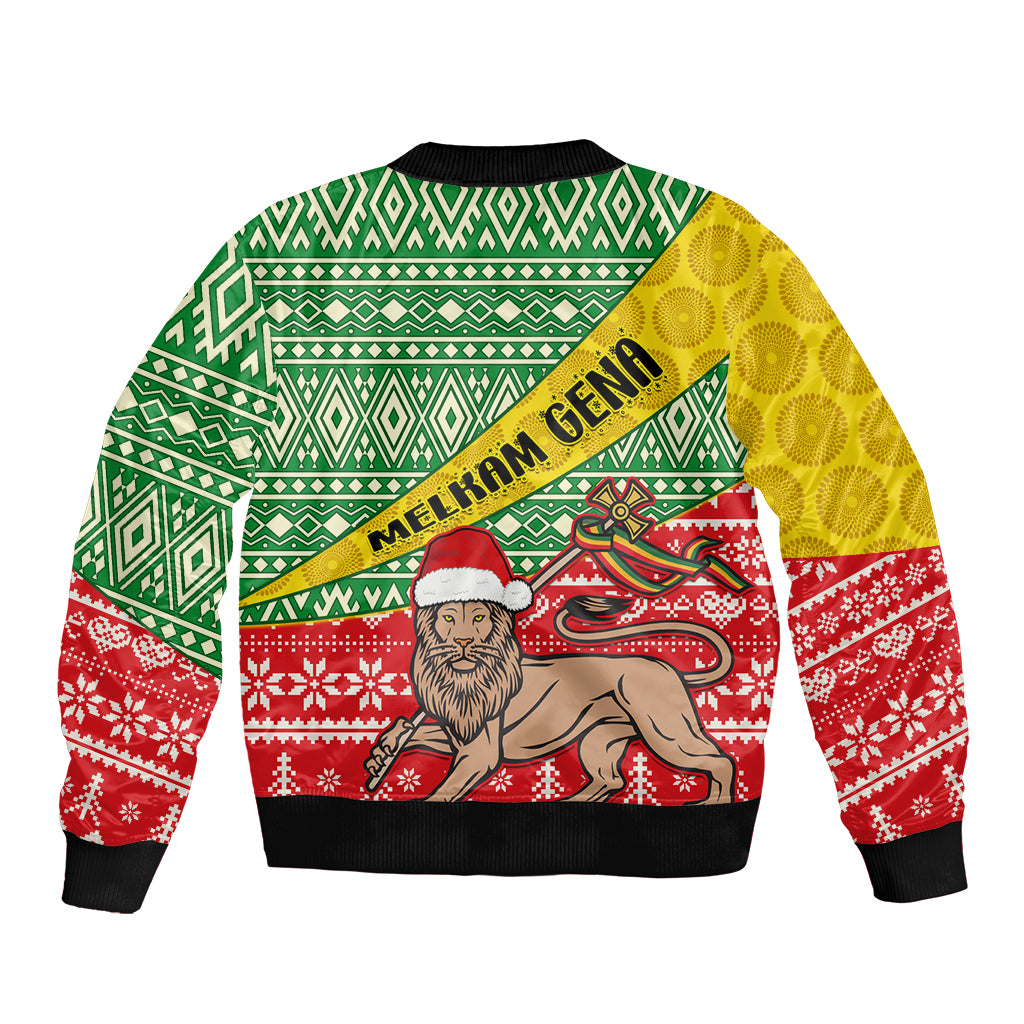 Unisex bomber jacket with diagonal 'Melkam Gena' text, lion graphic, green/yellow/red