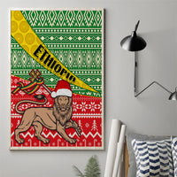 Framed canvas wall art of lion in Santa hat with Ethiopia banner and festive green red patterns