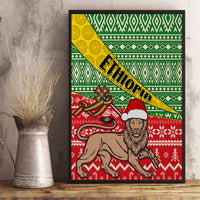 Black-framed canvas art: lion in Santa hat with Ethiopia banner over red green patterns