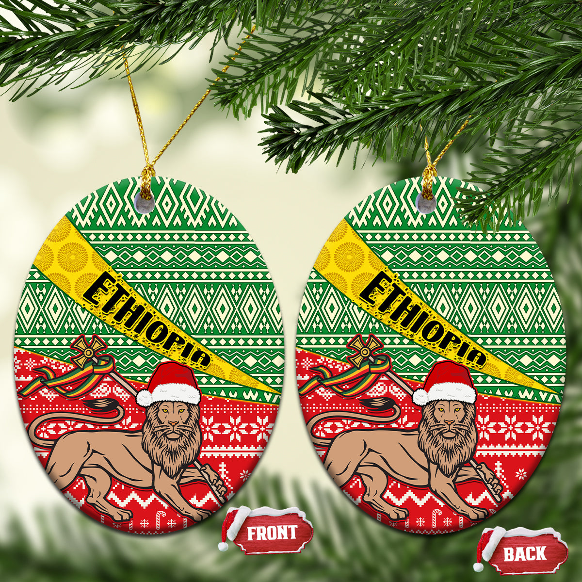 Pair of oval ceramic Christmas ornaments with green red Ethiopian pattern and ETHIOPIA band, front/back.