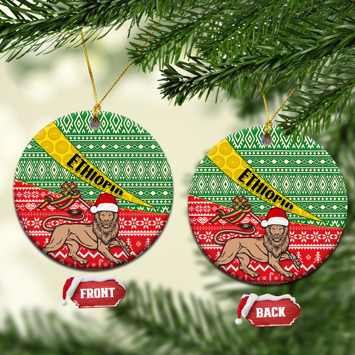 Round ceramic Christmas ornament with green red Ethiopian pattern, ETHIOPIA band, lion figure.