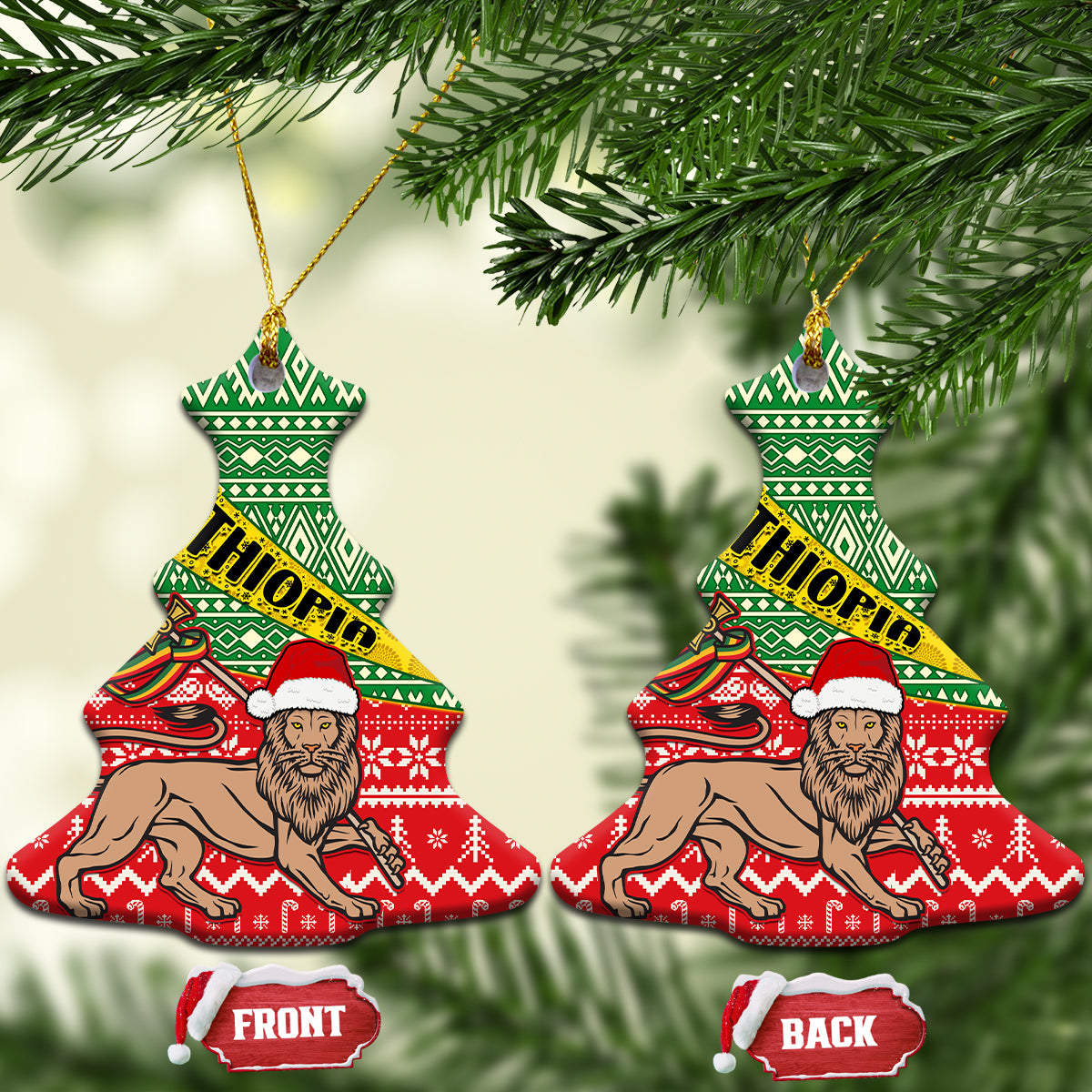 Bell-shaped ceramic Christmas ornament with green red Ethiopian pattern, ETHIOPIA band, lion figure.