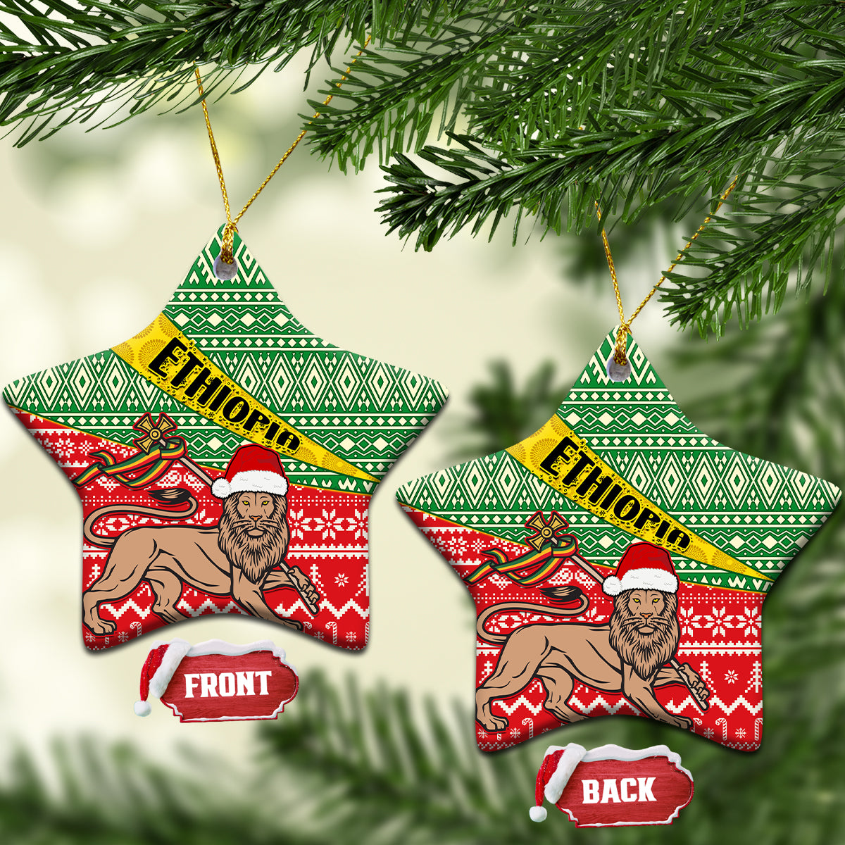 Star-shaped ceramic Christmas ornaments with green red Ethiopian pattern and ETHIOPIA band, front/back.