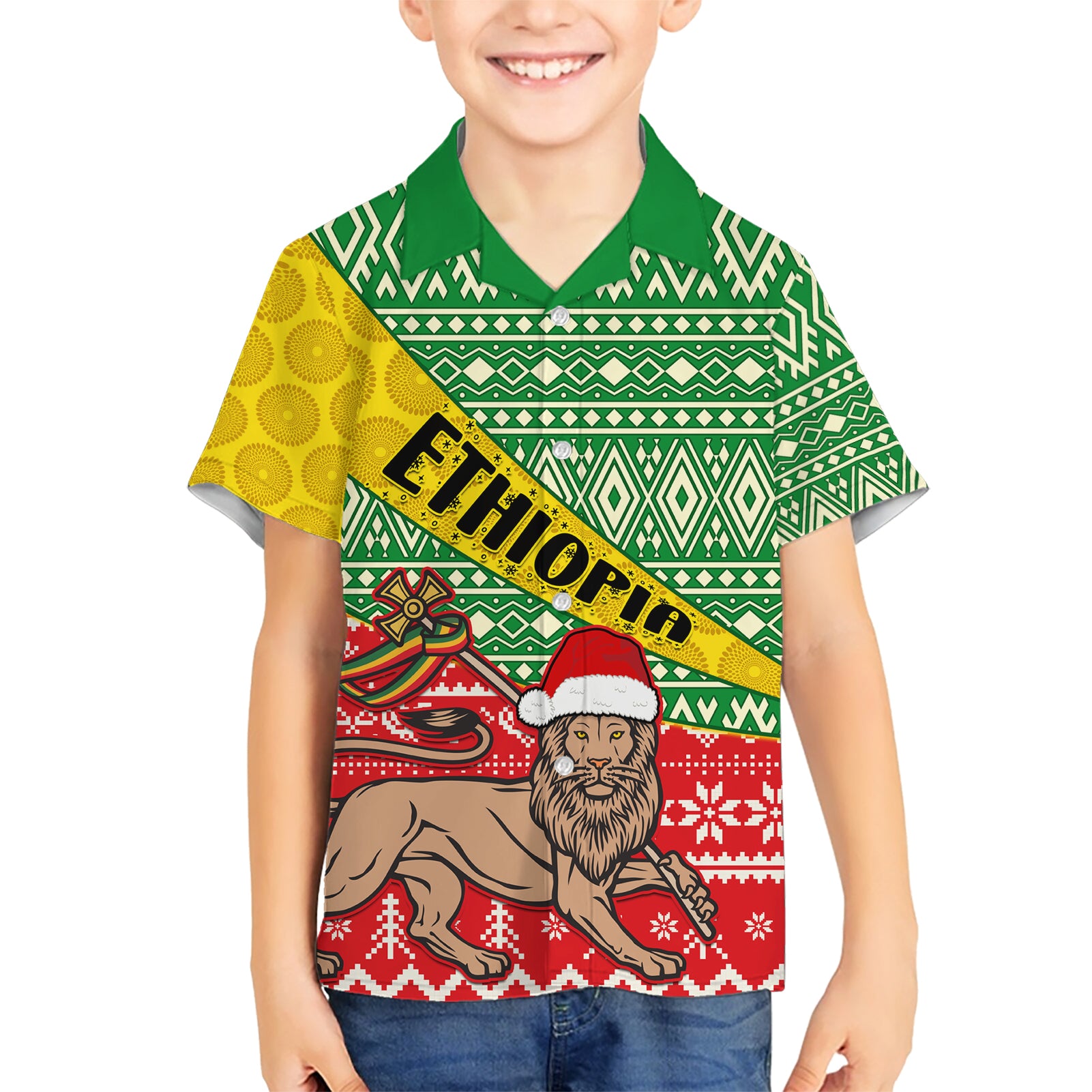 Ethiopia Christmas Kid Hawaiian Shirt Melkam Gena African Pattern - Wonder Print Shop