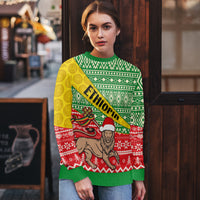 Ugly Christmas sweater with geometric pattern, lion graphic, and red snowflake motifs