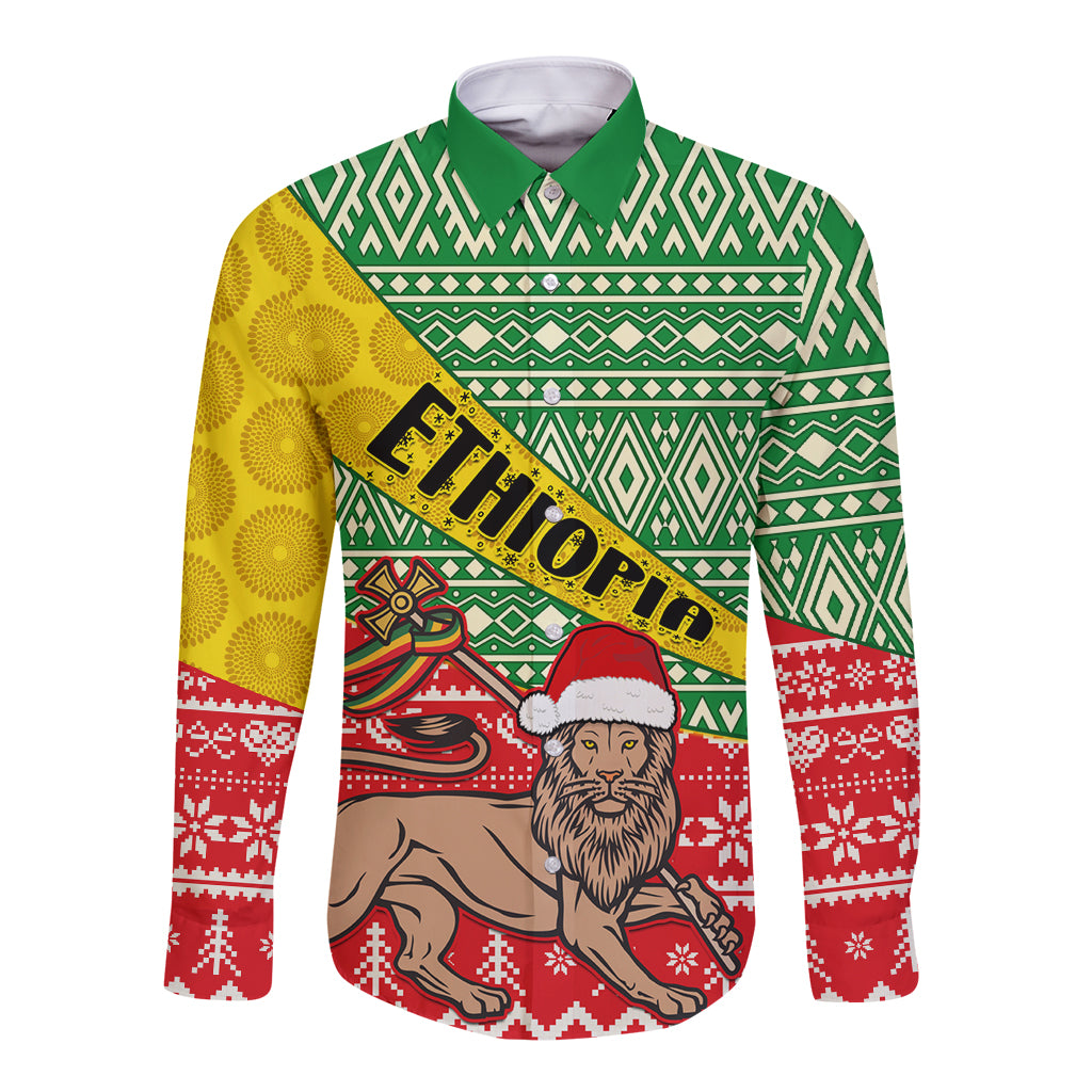 Unisex long-sleeve button shirt with green, yellow, and red African Christmas print