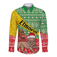 Unisex long-sleeve button shirt with green, yellow, and red African Christmas print