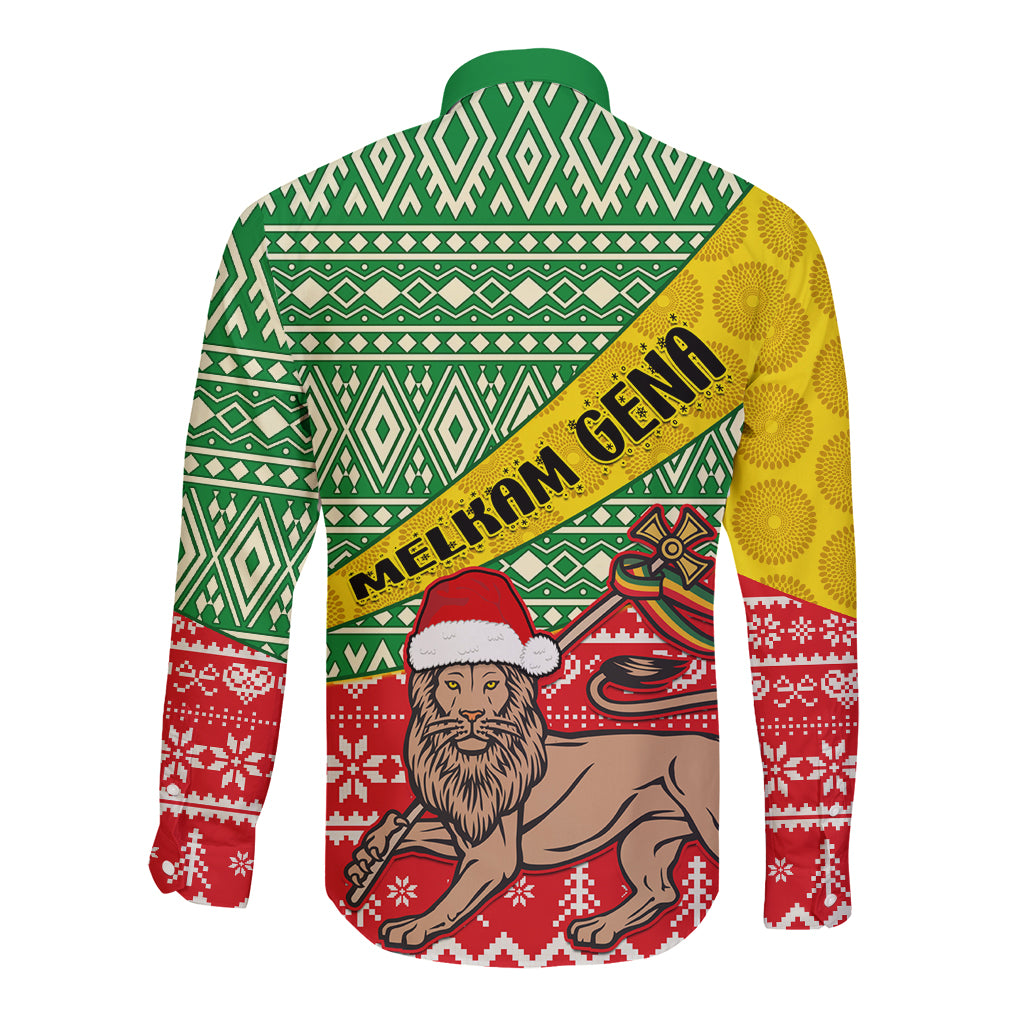 Unisex long-sleeve button shirt with green geometric and red holiday scene on back