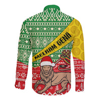 Unisex long-sleeve button shirt with green geometric and red holiday scene on back
