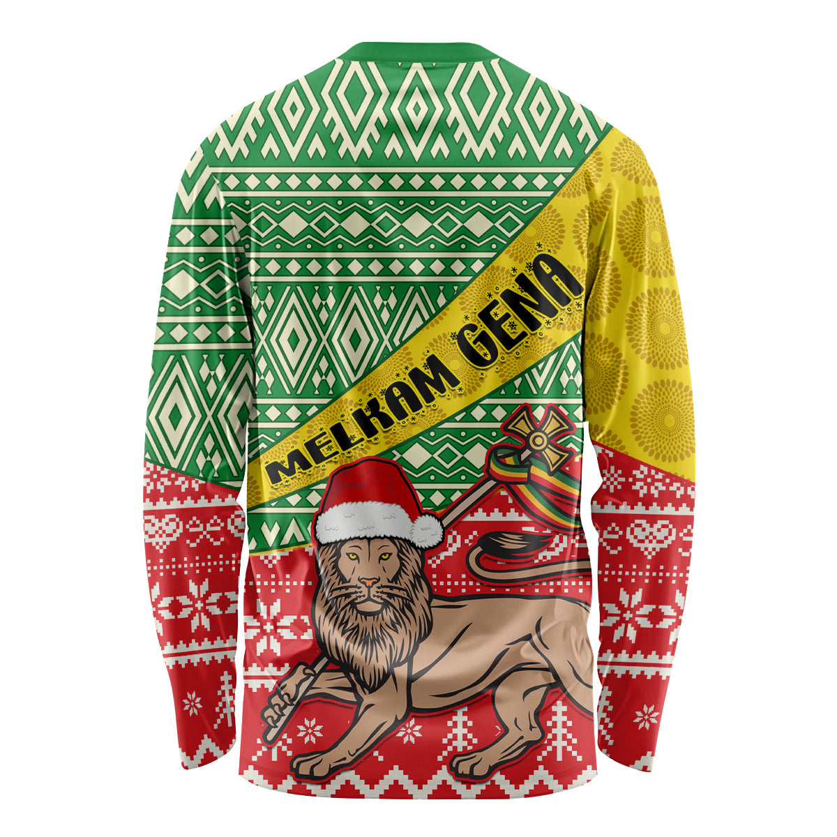 Unisex long-sleeve Christmas shirt, back view with diagonal Melkam Gena banner and geometric print