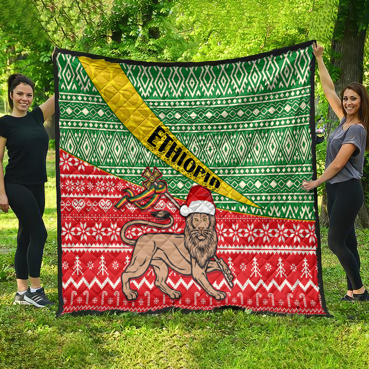 Large Ethiopian Christmas quilt, green and red with yellow sash and lion illustration