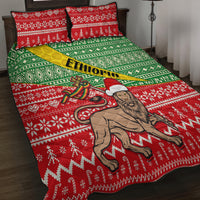 Ethiopian-style Christmas quilt bed set with red snowflake pattern, green band, lion artwork