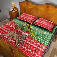 Bed set quilt featuring red white motifs, green diamond pattern, yellow stripe, lion figure