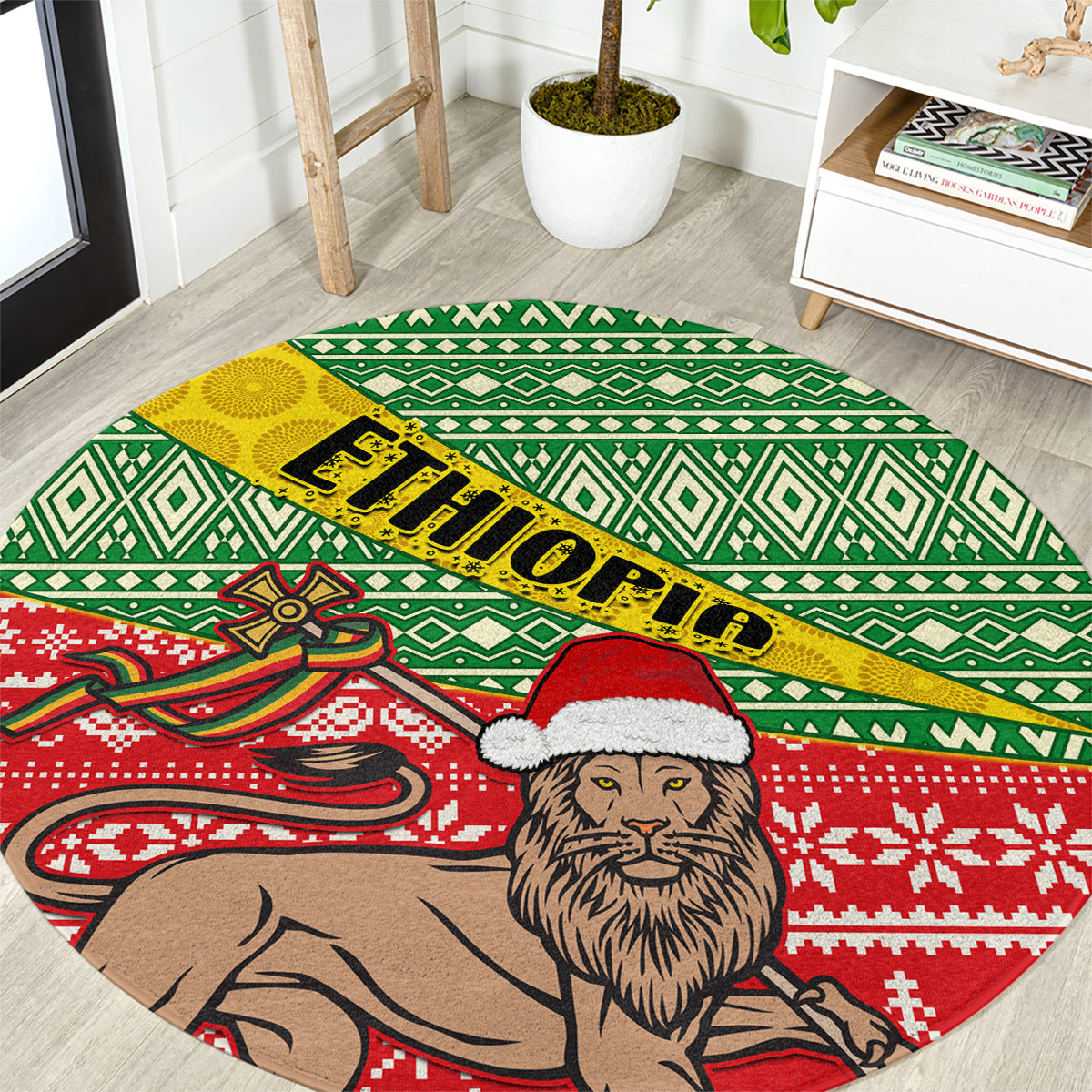 Round area rug with green geometric pattern, yellow 'Ethiopia' text, lion in Santa hat