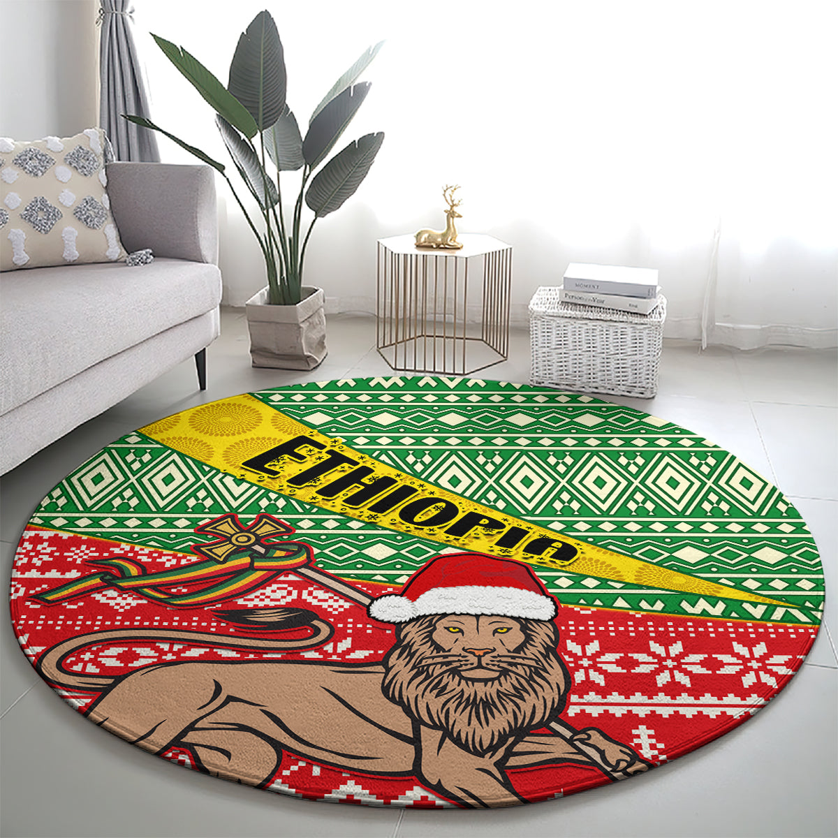 Round area rug with green patterned band, 'Ethiopia' text, lion with Santa hat