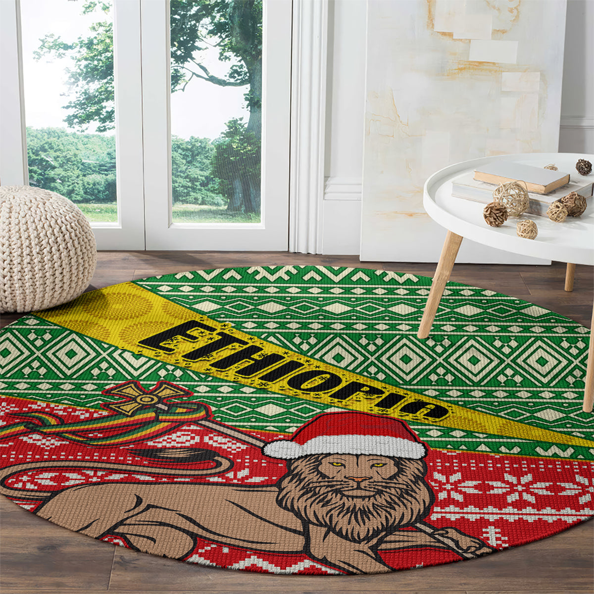 Round area rug corner with green geometric pattern, yellow 'Ethiopia' band, lion face