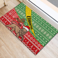 Rubber doormat with green geometric and red holiday pattern, ETHIOPIA banner and bearded figure