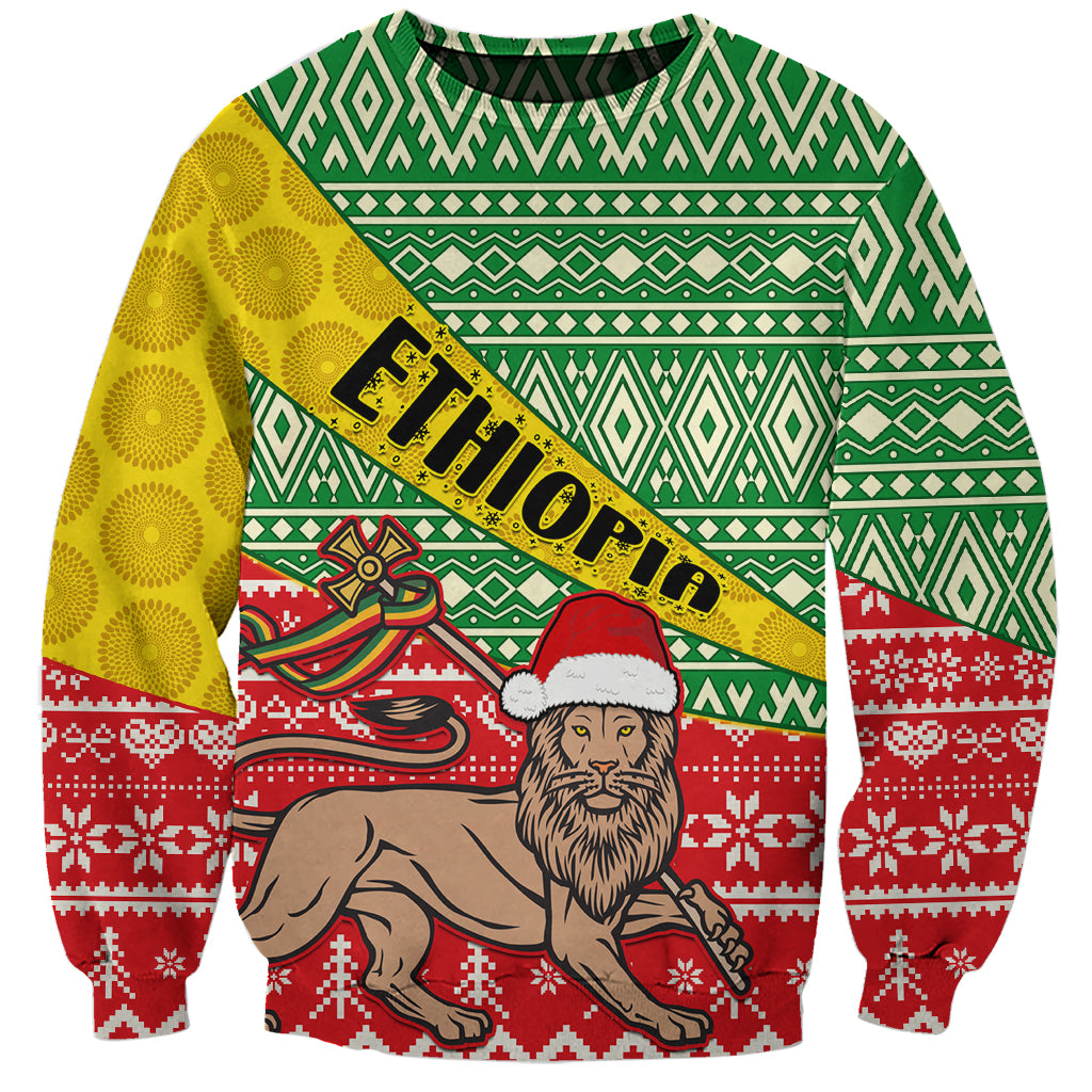 Unisex Christmas sweatshirt in green, yellow, and red with Ethiopian pattern and bearded portrait