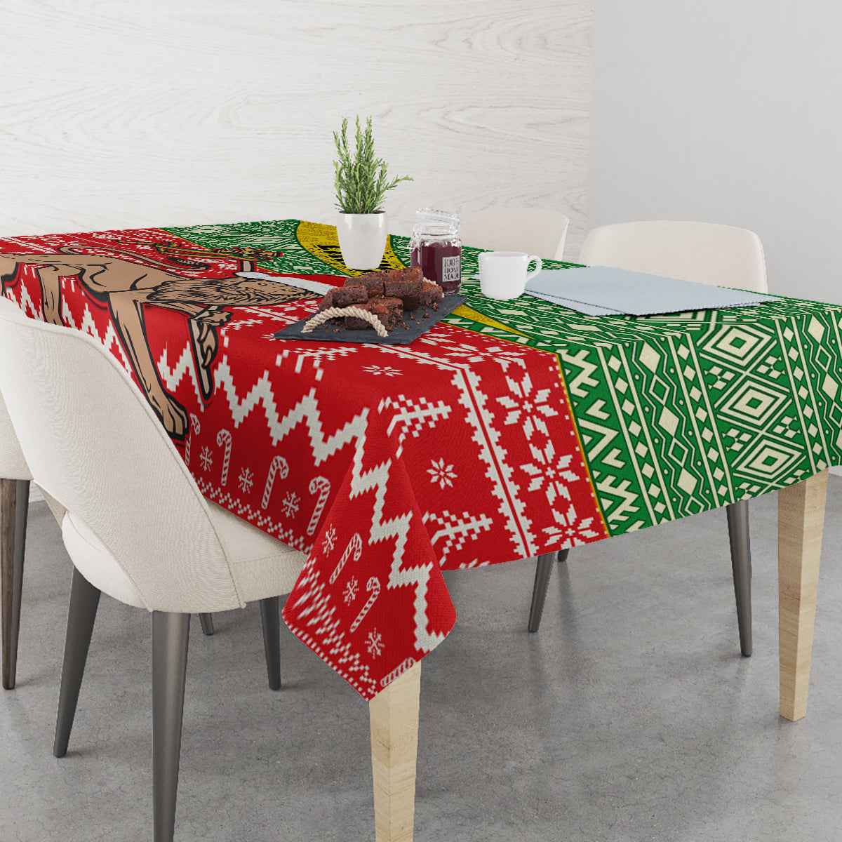 Rectangular Christmas tablecloth with red center panel, green side panel, and bold zigzag pattern