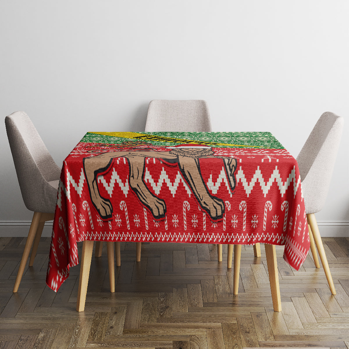 Christmas tablecloth for dining table with red and green jagged chevrons and camel illustration