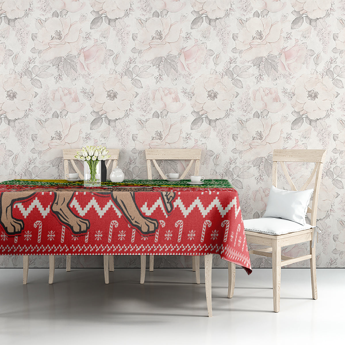 Christmas tablecloth on bench with red and green chevron motifs and camel-style design