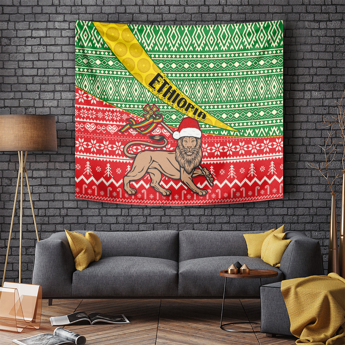 African Christmas tapestry with lion, Santa hat, green patterned top, red festive bottom