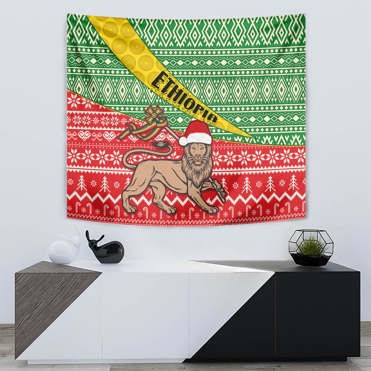 African Christmas wall tapestry with lion portrait, yellow diagonal stripe and red patterned border