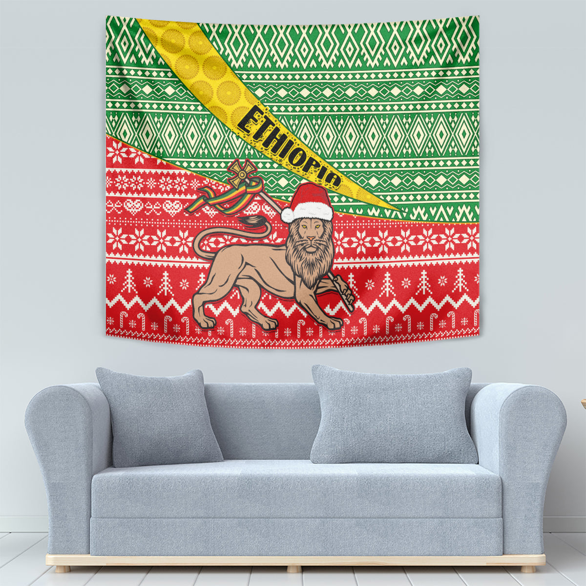 African Christmas tapestry featuring lion with beard and Santa hat, green geometric and red motifs