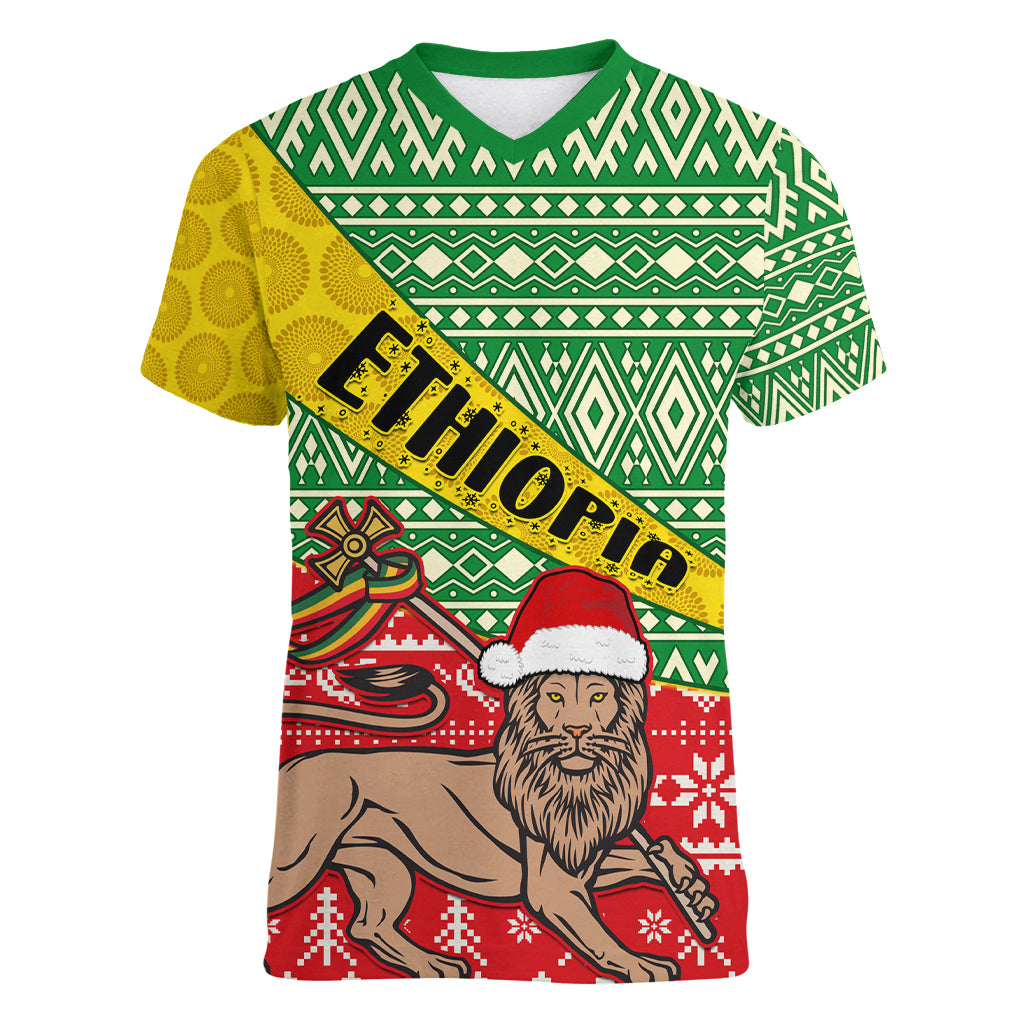 ethiopia-christmas-women-v-neck-t-shirt-melkam-gena-african-pattern