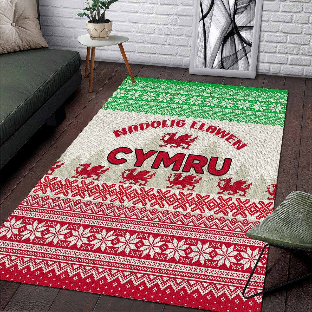 Custom Wales Christmas Area Rug Nadolig Llawen Welsh Dragon - Wonder Print Shop